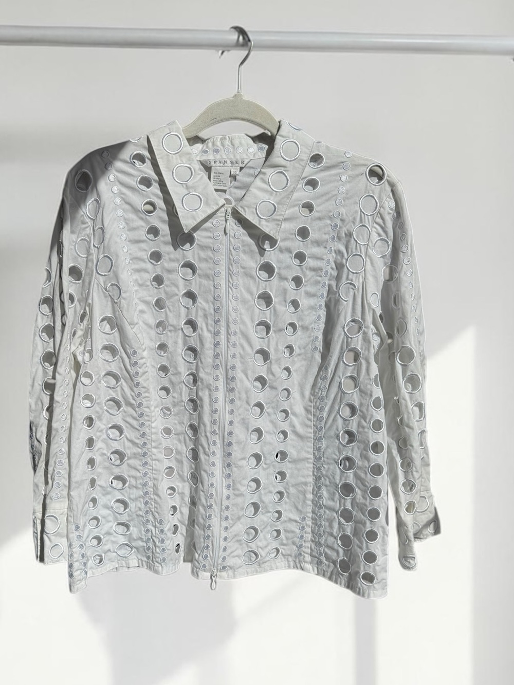 SPANNER Eyelet Full Zip Up Collared Blouse White Size XL